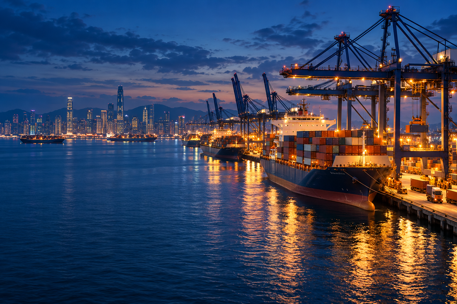 Illustration of a port, shipping and a connected city at blue hour