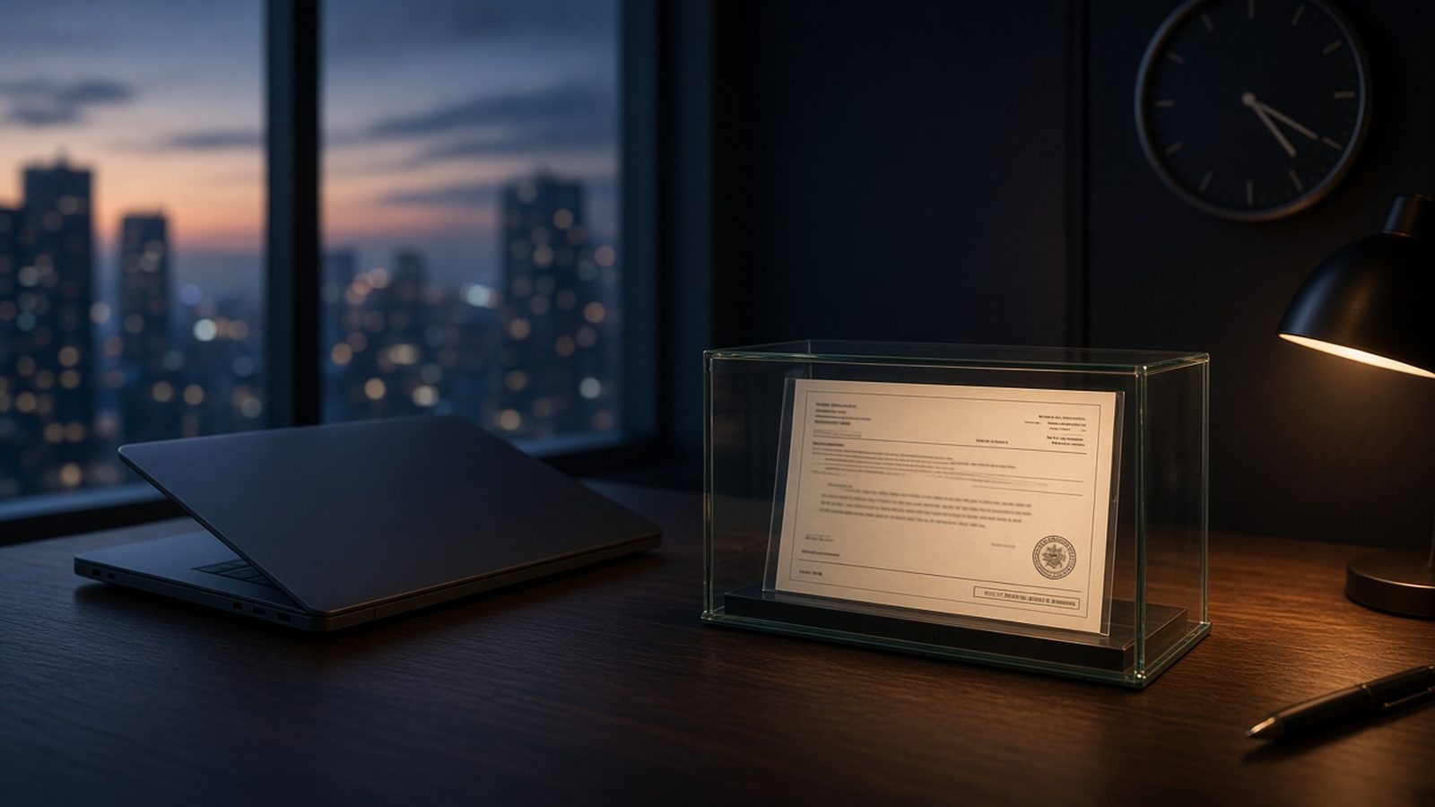 A timestamped forecast sealed in a glass case on a desk at dawn, symbolising a prediction recorded before the outcome