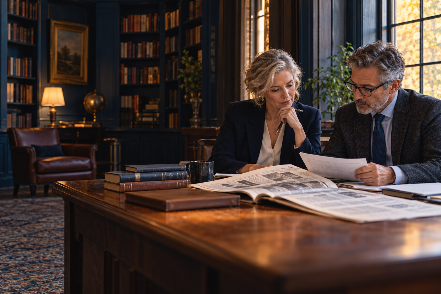 Illustration of researchers considering reports in a library